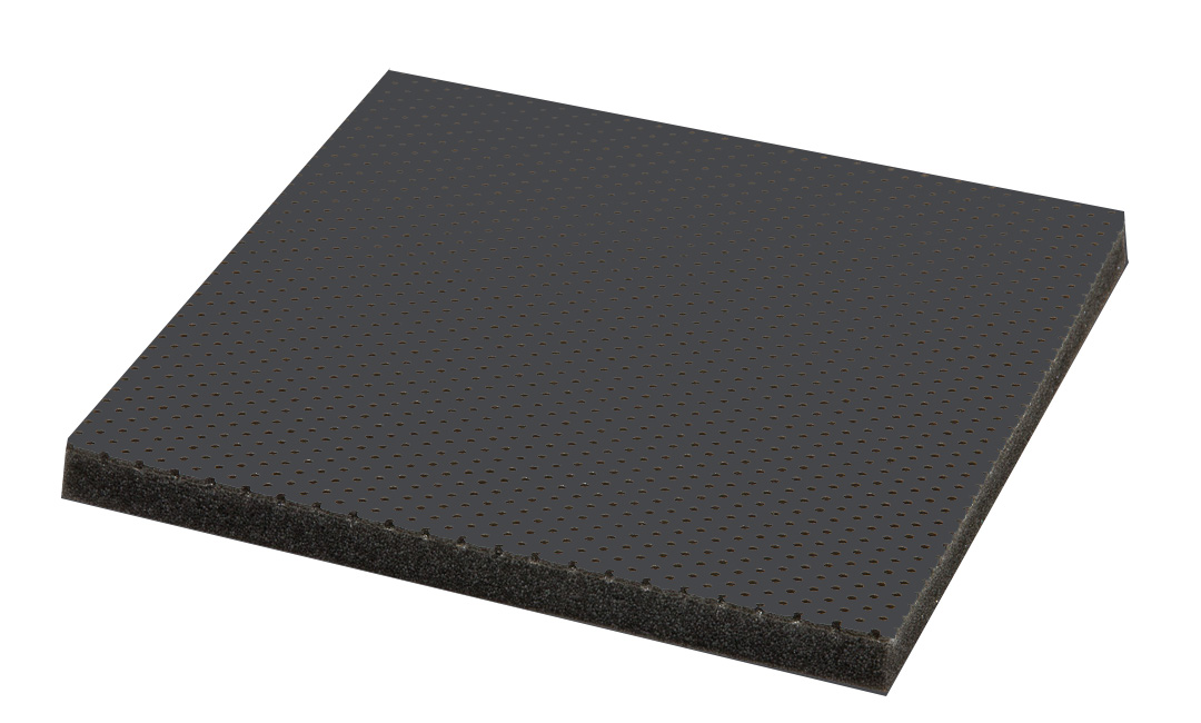 Bild einer schwarzen und leicht gelochten Schallschutz-Matte 1165 in dunkelgrauer Farbe